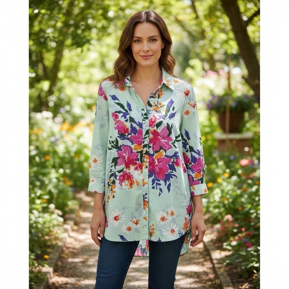 Soft Surroundings Women's Petite M Tunic‎ Shirt Jacket Multi Floral Pockets